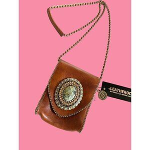 Leatherock  Semi Precious Stone Leather Crossbody Swarovski Elements Brown HE31